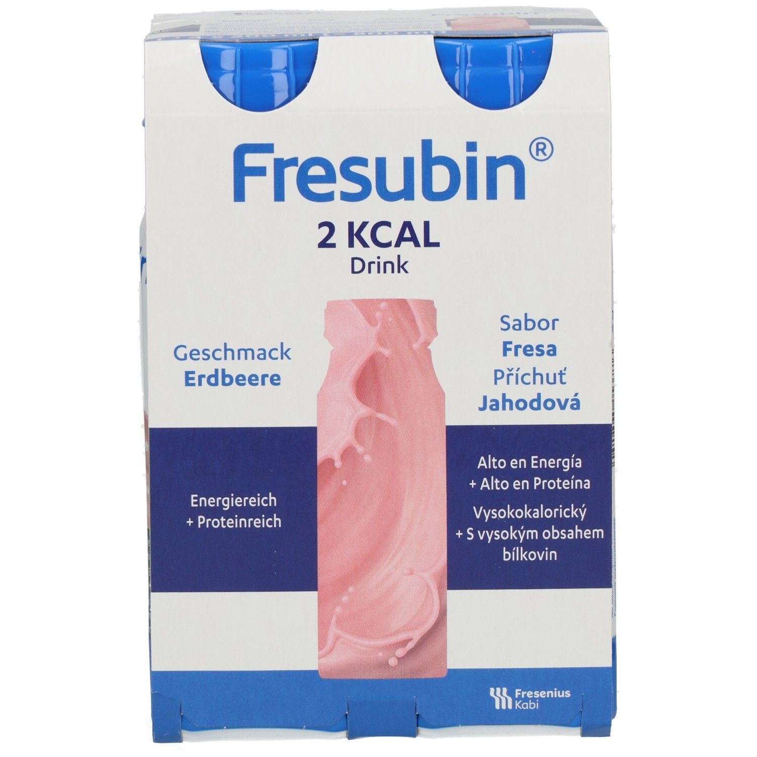 Packung mit vier Flaschen FRESUBIN 2 kcal Drink Erdbeere. Produktname, Geschmack, Nährwertangaben und Logo.