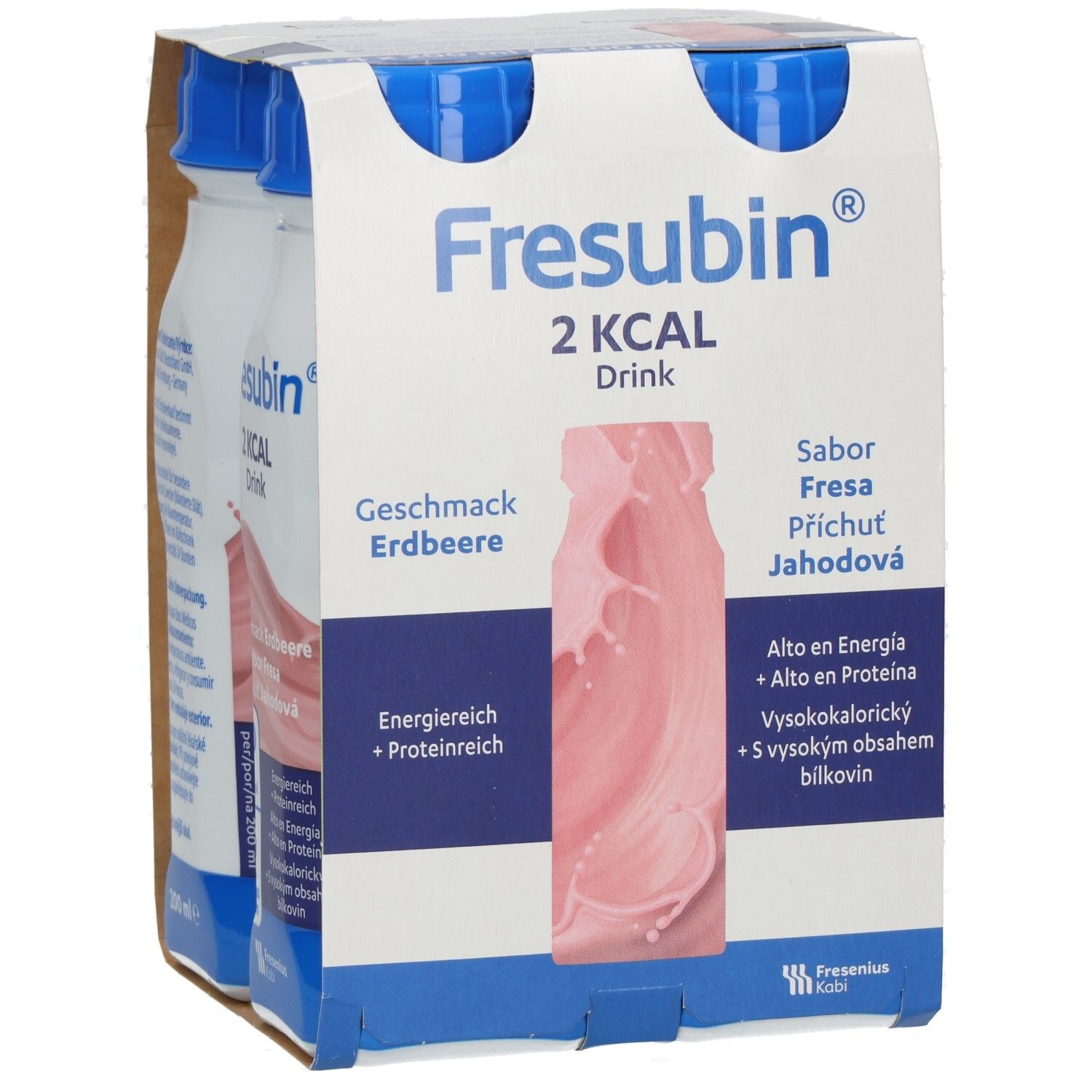 Packung mit vier Flaschen FRESUBIN 2 kcal Drink Erdbeere. Produktname, Geschmack, Nährwertangaben und Logo.