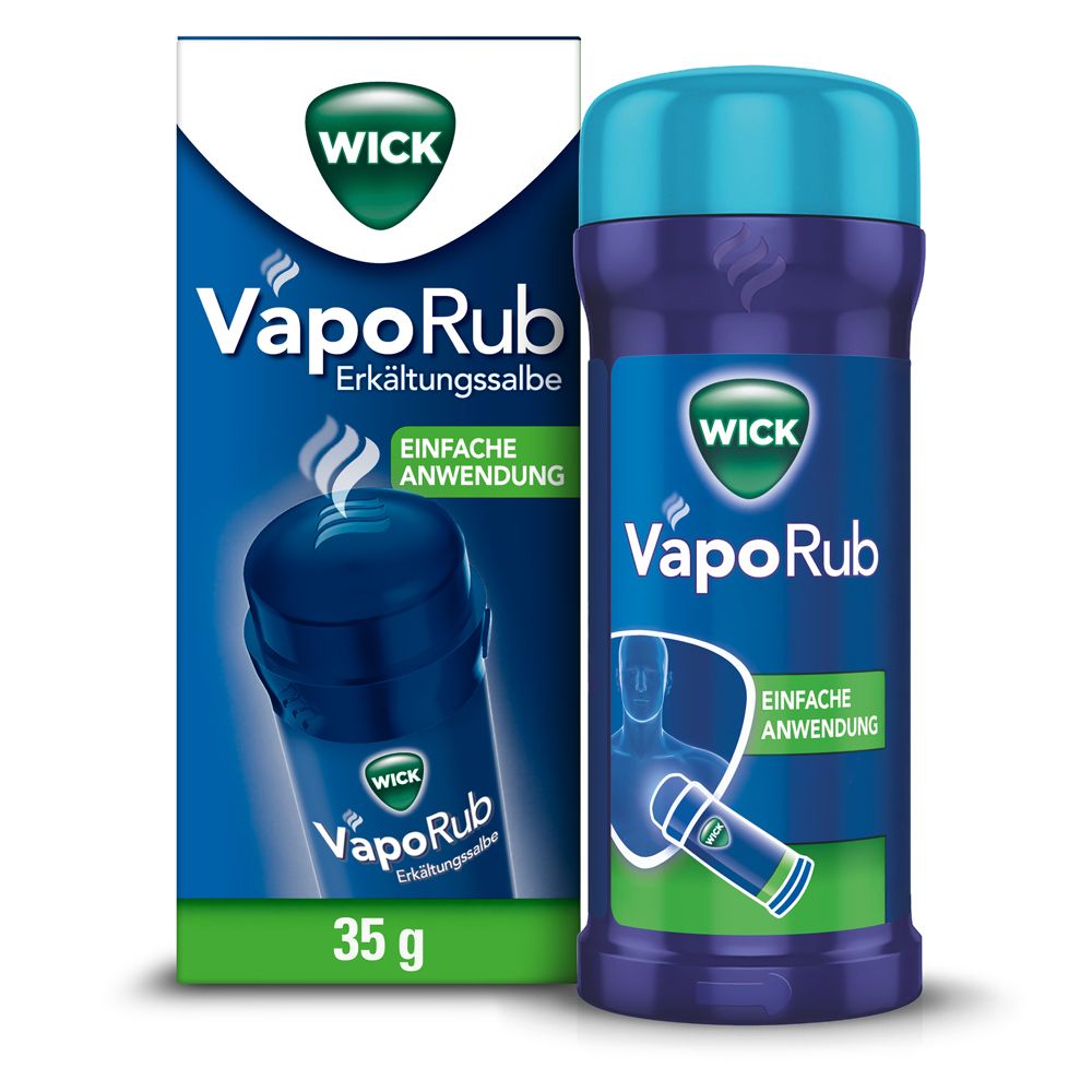 Dose und Verpackung von WICK VapoRub Erkältungssalbe. Blaue Dose mit blauem Deckel. Verpackung mit Logo und Produktnamen.