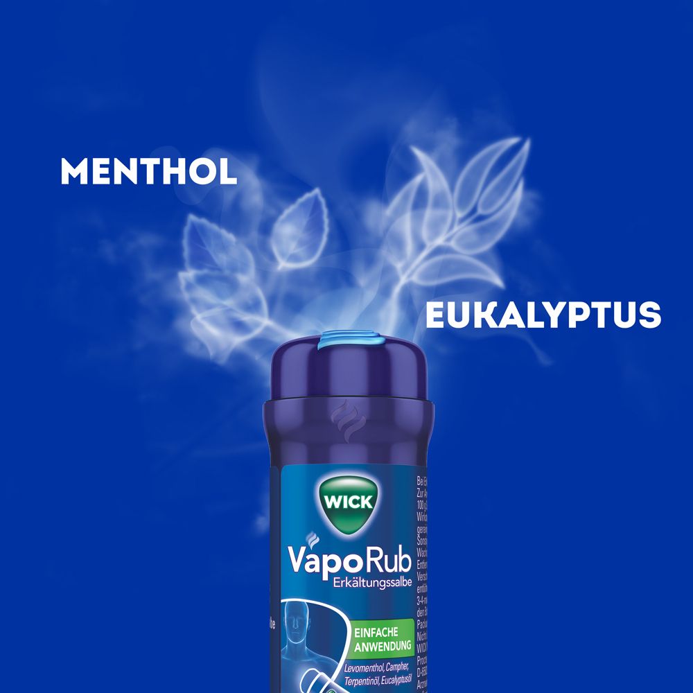 WICK VapoRub Erkältungssalbe. Menthol und Eukalyptus-Illustrationen. Produkt im Hintergrund.