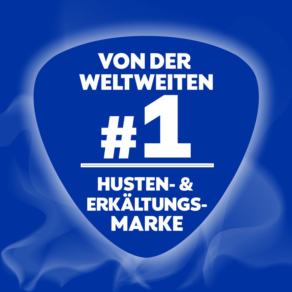Blaues Schild mit Text: Von der weltweiten #1 Husten- & Erkältungsmarke. Weißer Hintergrund.