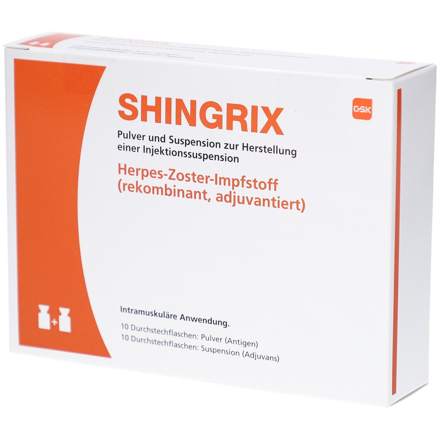SHINGRIX-Verpackung, weiß mit orangefarbenem Akzent. Text: Pulver u. Suspension z. Herst. e. Inj.-Susp. Herpes-Zoster-Impfstoff.