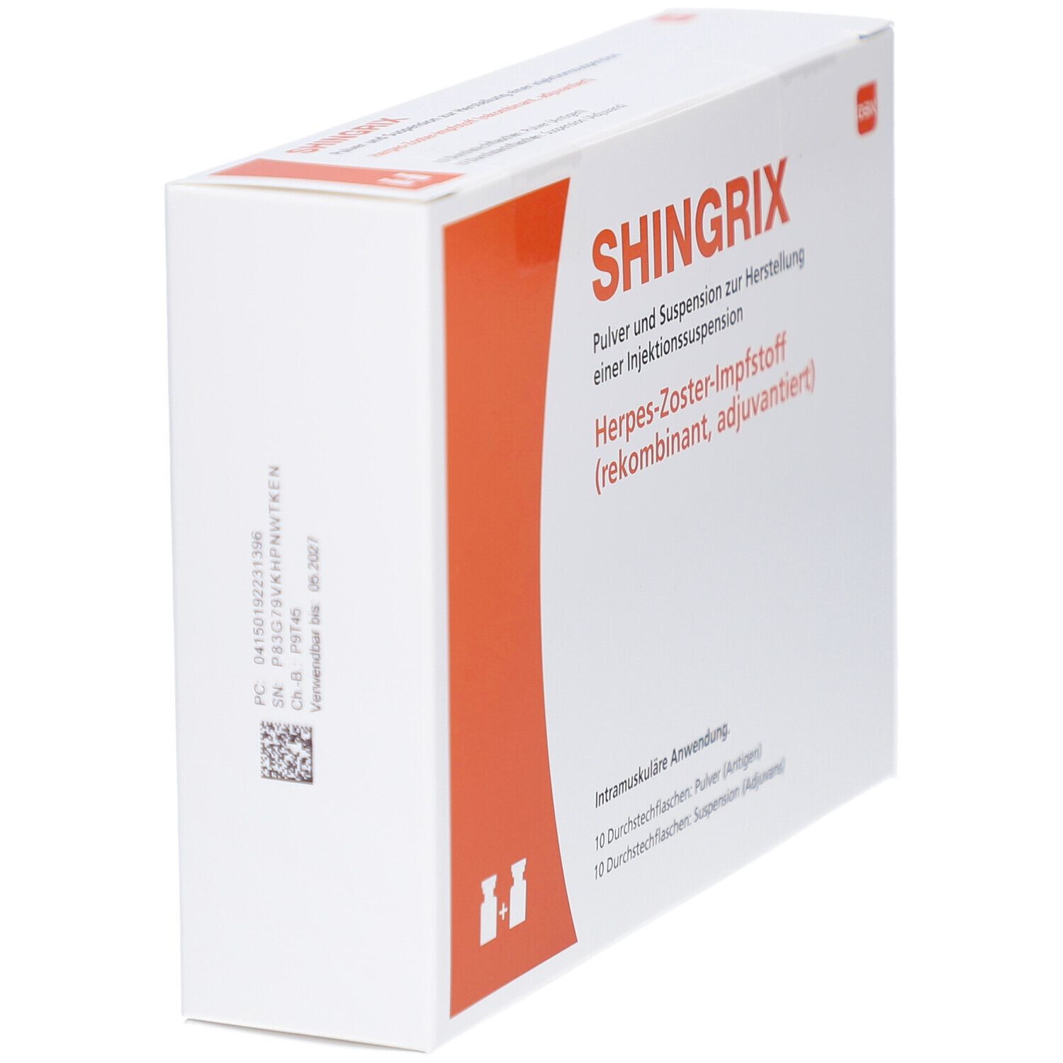 SHINGRIX-Verpackung, weiß mit orangefarbenem Akzent. Text: Pulver u. Suspension z. Herst. e. Inj.-Susp. Herpes-Zoster-Impfstoff.