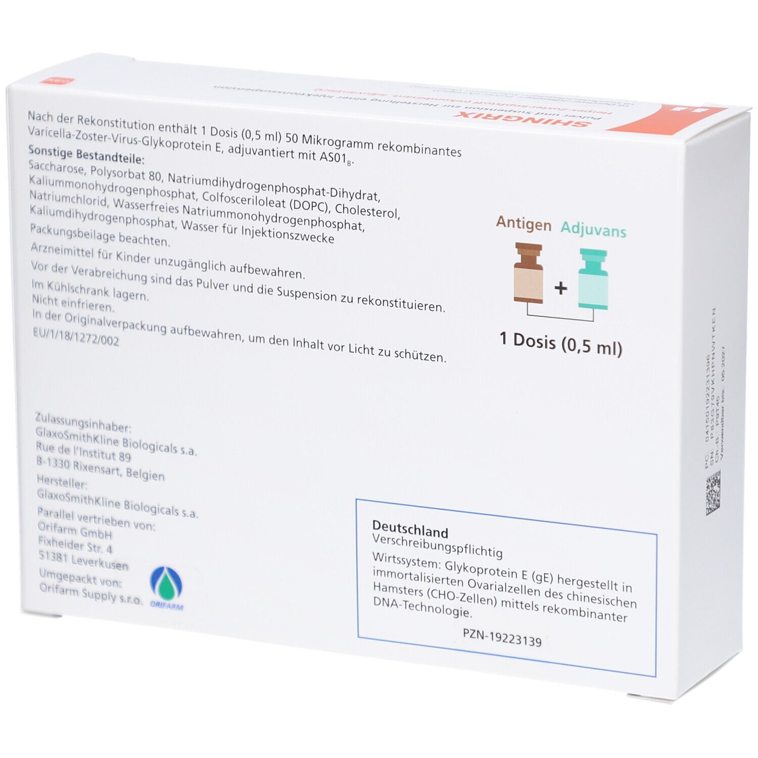 Rückseite der SHINGRIX-Verpackung. Text: Zusammensetzung, Dosierung, Herstellerinformationen. Abbildung: Antigen und Adjuvans.
