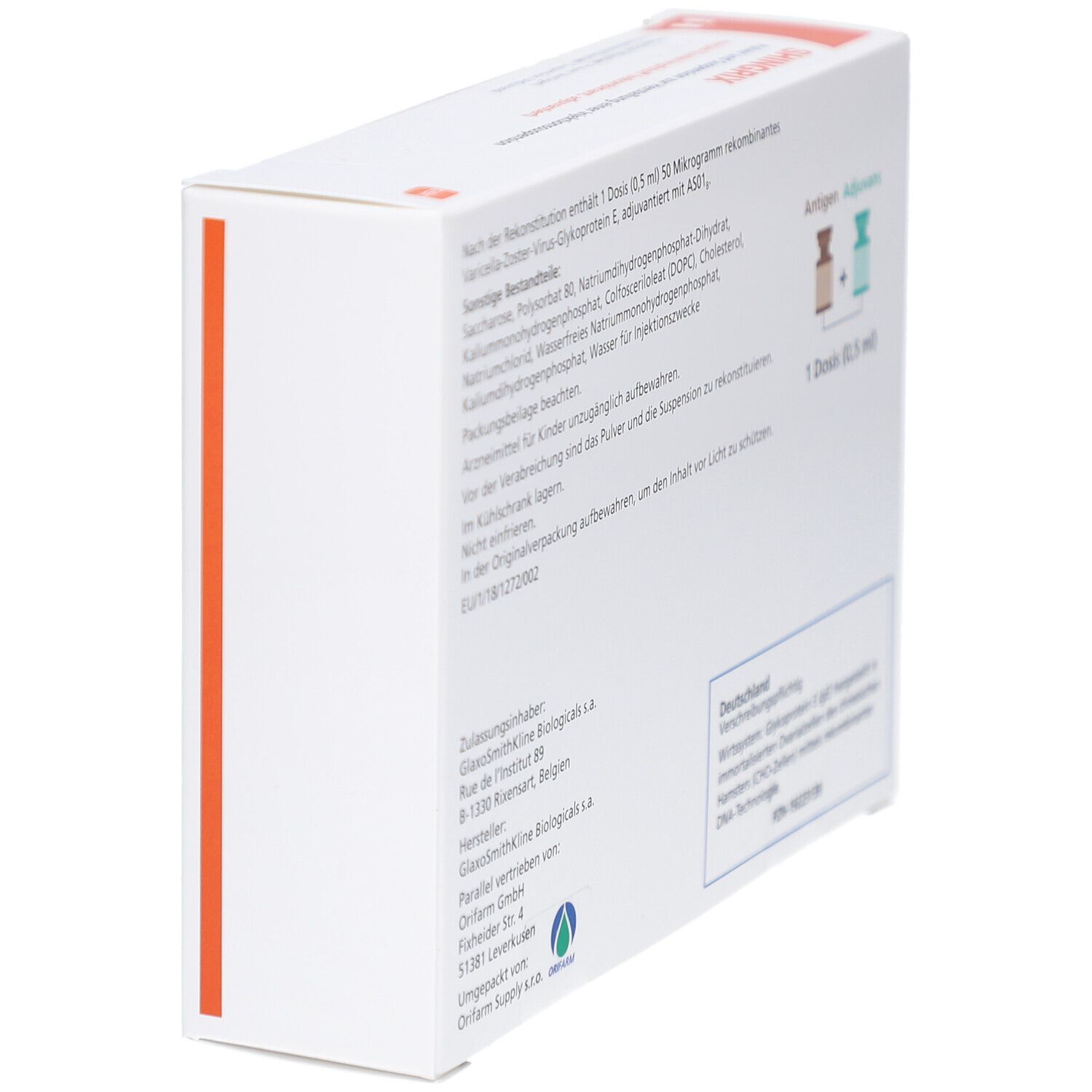 Rückseite der SHINGRIX-Verpackung. Text: Zusammensetzung, Dosierung, Herstellerinformationen. Abbildung: Antigen und Adjuvans.