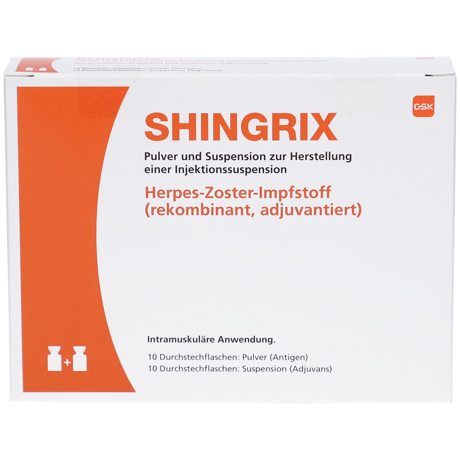 SHINGRIX-Verpackung, weiß mit orangefarbenem Akzent. Text: SHINGRIX, Pulver u. Suspension z. Herst. e. Inj.-Susp. Herpes-Zoster-Impfstoff.