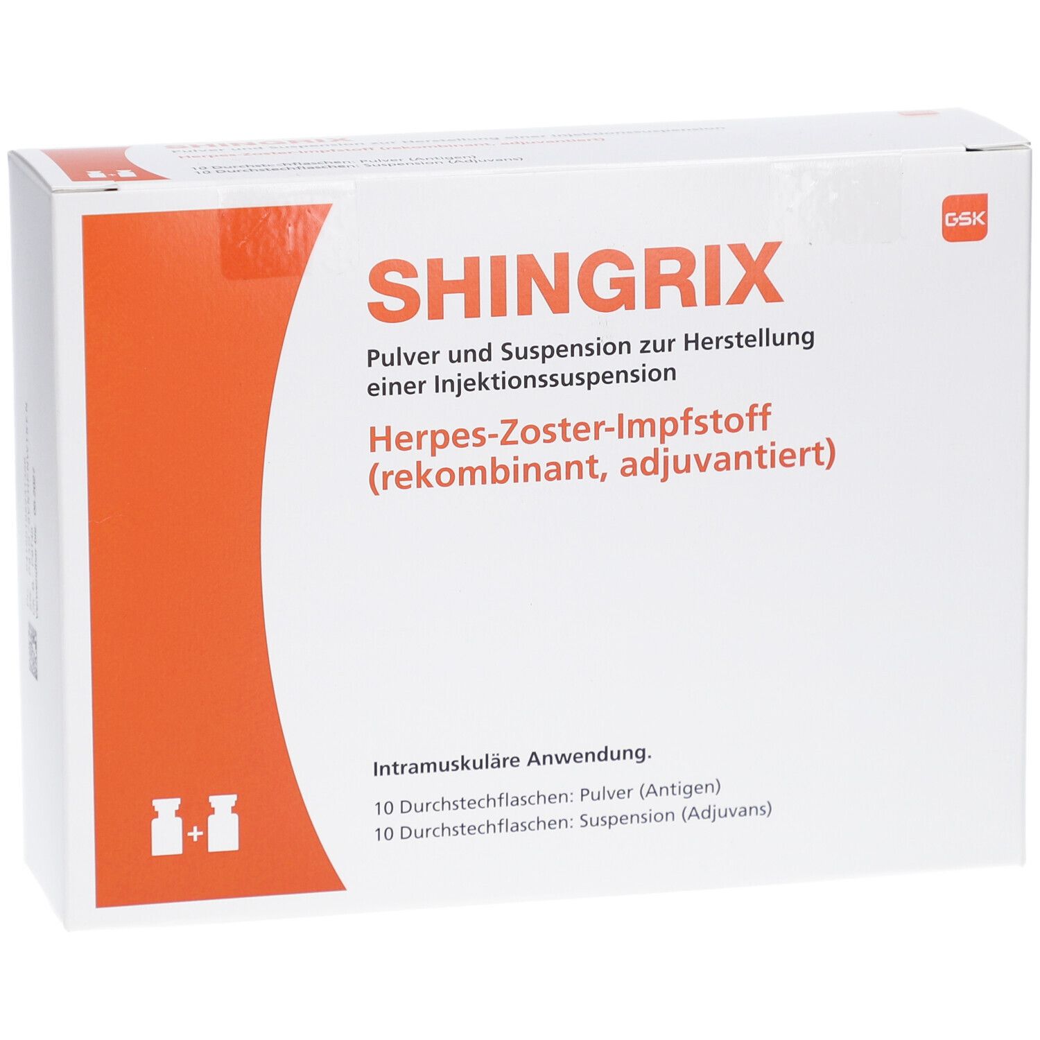 SHINGRIX-Verpackung, weiß mit orangefarbenem Akzent. Text: SHINGRIX, Pulver u. Suspension z. Herst. e. Inj.-Susp. Herpes-Zoster-Impfstoff.