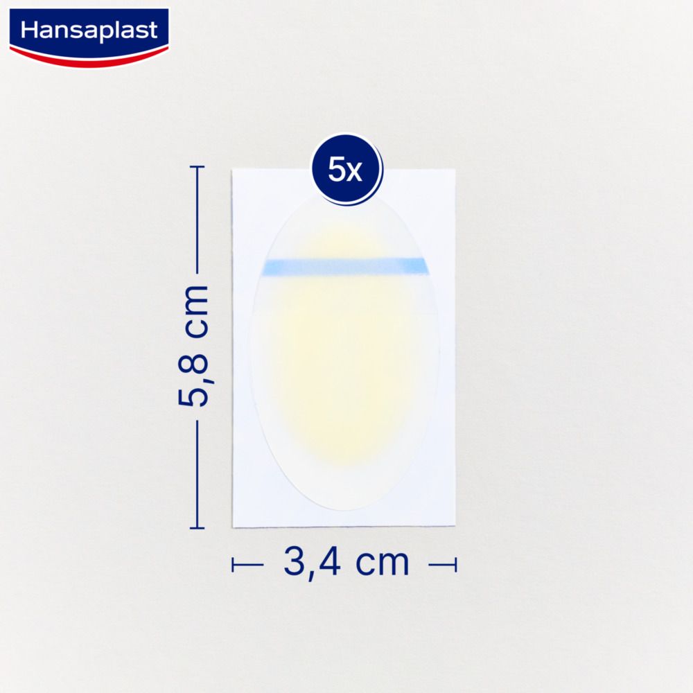 Blasenpflaster mit Maßen 5,8 cm x 3,4 cm. 5 Stück pro Packung. Blaue Schutzfolie.