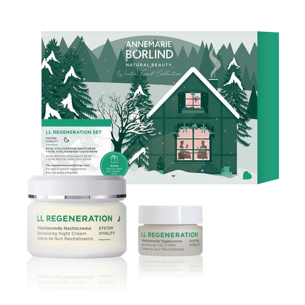 Geschenkset mit Nacht- und Tagescreme. Enthält zwei Tiegel. Verpackung mit Wintermotiv und Produktnamen.