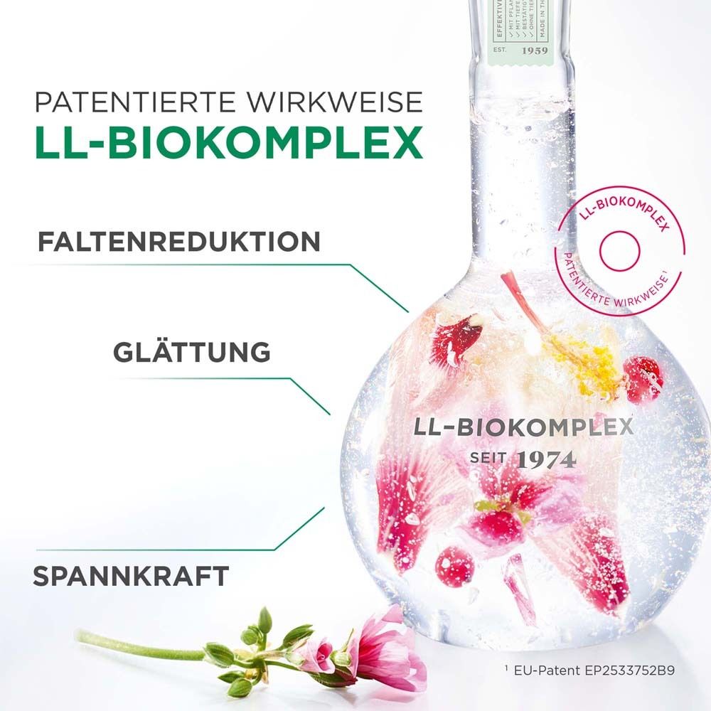 Glasbehälter mit Flüssigkeit und Blüten. Text: LL-Biokomplex, Faltenreduktion, Glättung, Spannkraft.