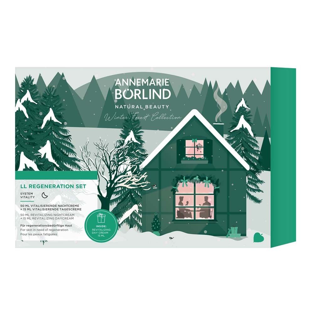Geschenkset mit Nacht- und Tagescreme. Verpackung mit Wintermotiv und Produktnamen.
