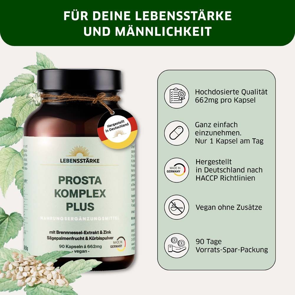 Braune Flasche mit Kapseln. Text: PROSTA KOMPLEX PLUS. 90 Kapseln. Vegan. Hergestellt in Deutschland. Informationen.