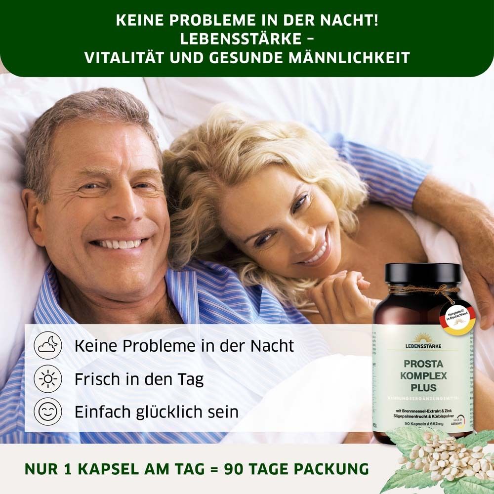 Paar im Bett. Flasche PROSTA KOMPLEX PLUS. Text: Keine Probleme in der Nacht, frisch in den Tag, glücklich sein.
