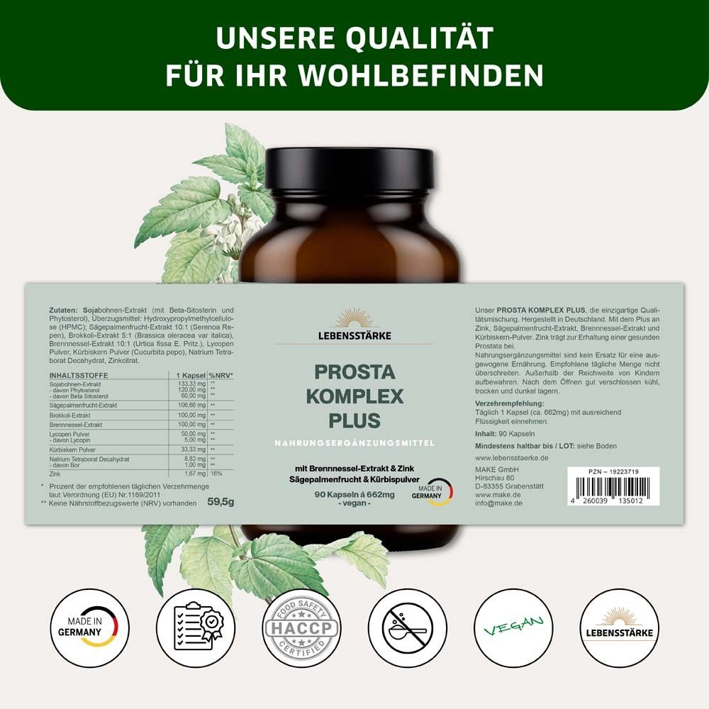 Flasche PROSTA KOMPLEX PLUS. Zutatenliste und Nährwertangaben. Vegan. Hergestellt in Deutschland. HACCP.