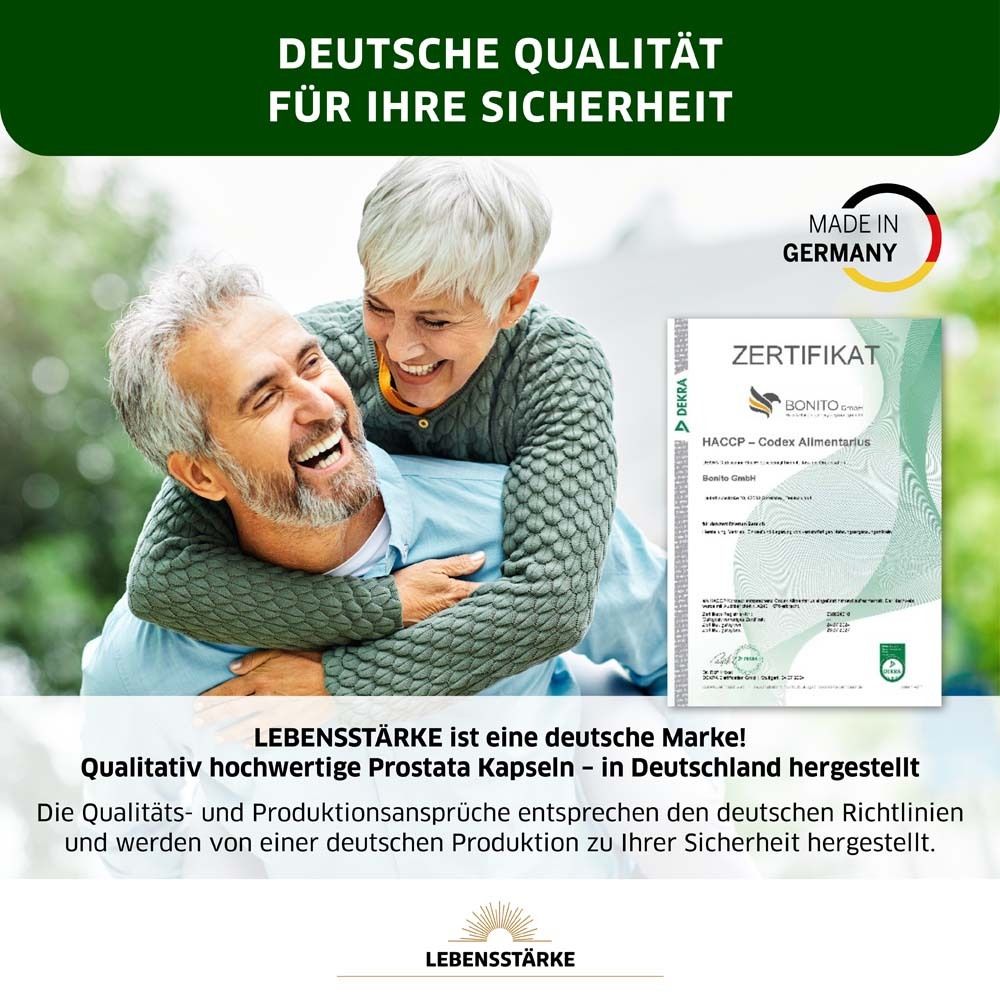 Älteres Paar umarmt sich. Zertifikat. Text: Deutsche Marke, hochwertige Kapseln, hergestellt in Deutschland.