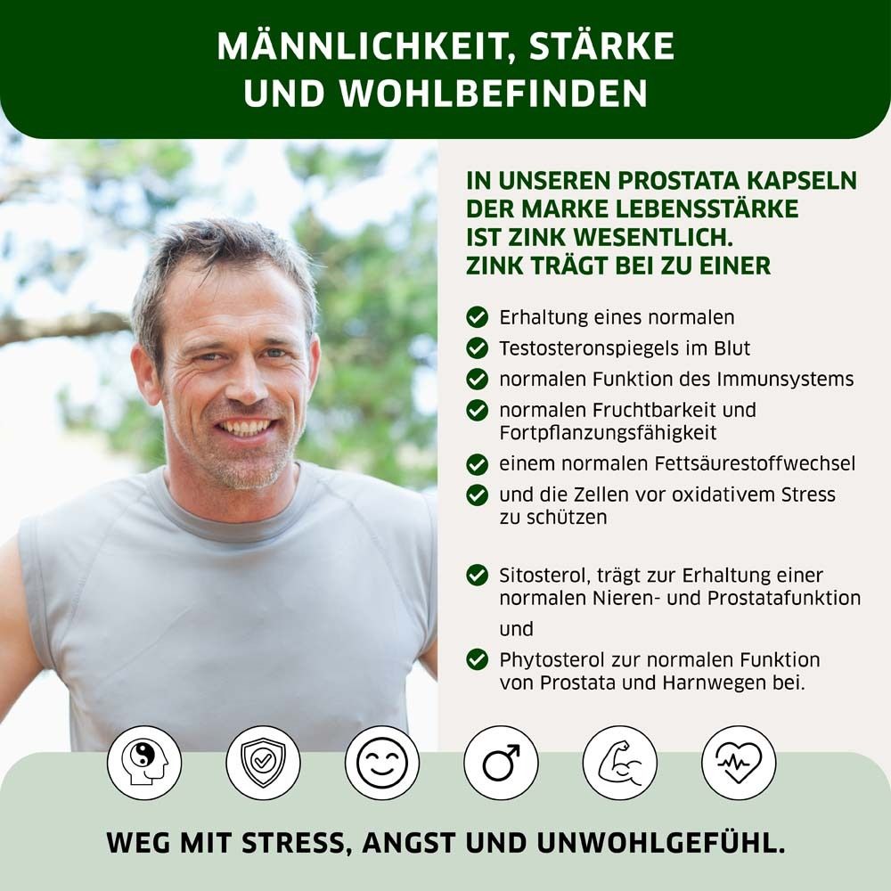 Mann lächelt. Text: Zink trägt bei zu normalem Testosteronspiegel, normaler Funktion des Immunsystems, etc.