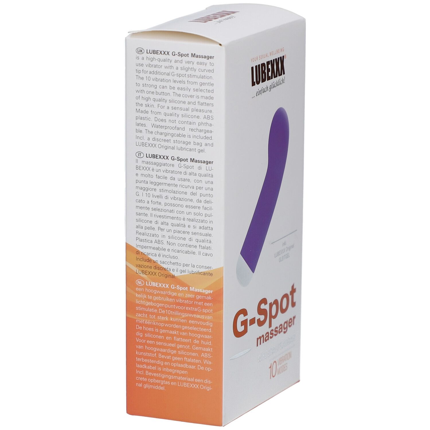 Verpackung mit lila G-Punkt-Massagegerät. Aufschrift: LUBEXXX, G-Spot massager, 10 Vibrationen. Text in mehreren Sprachen.