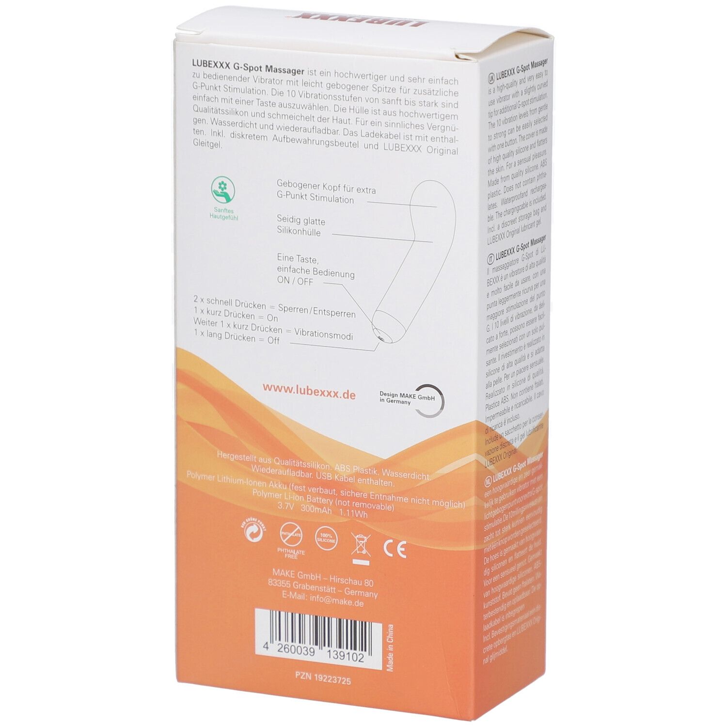 Rückseite der Verpackung mit lila G-Punkt-Massagegerät. Aufschrift: LUBEXXX, G-Spot massager. Text und Symbole.