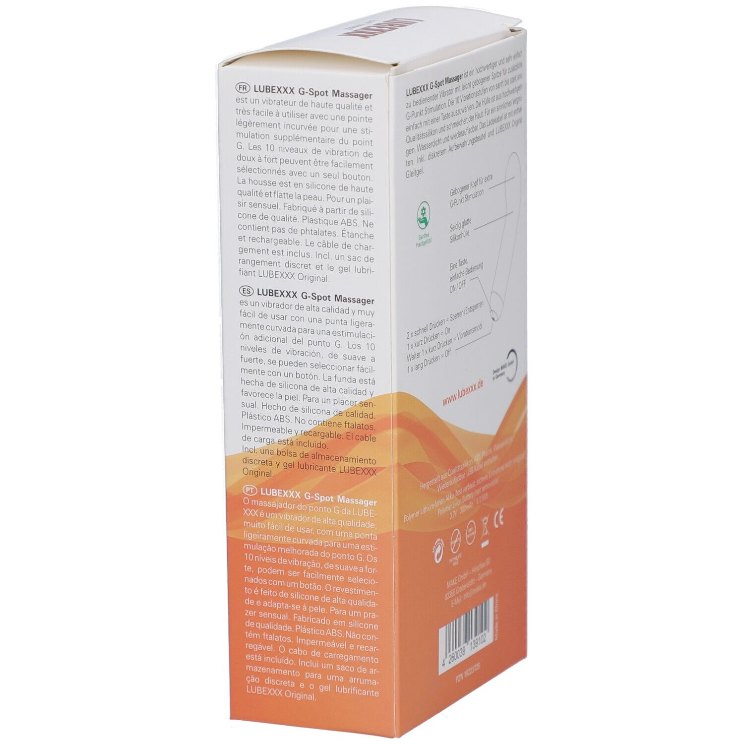 Verpackung mit lila G-Punkt-Massagegerät. Aufschrift: LUBEXXX, G-Spot massager. Text in mehreren Sprachen.