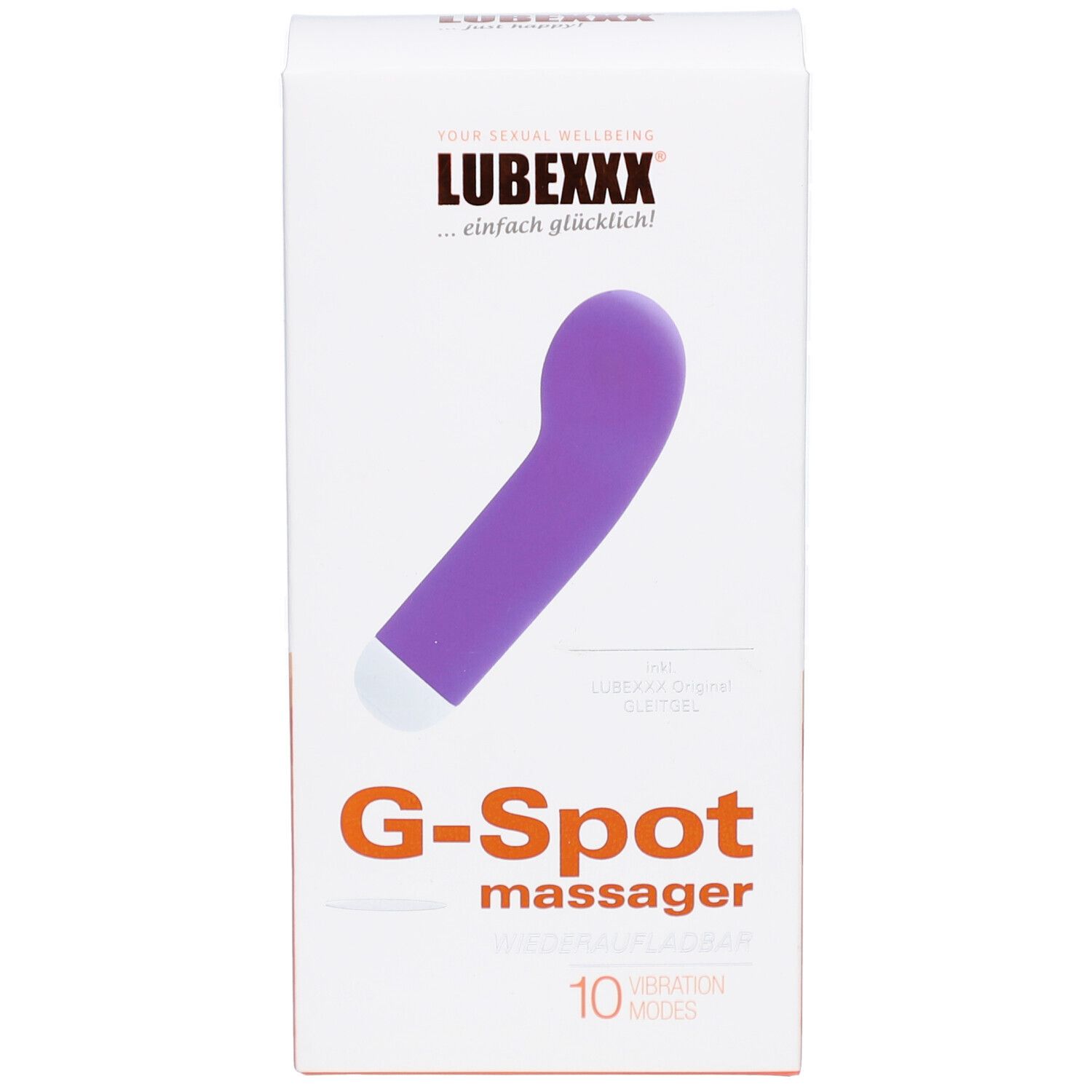 Verpackung mit lila G-Punkt-Massagegerät. Aufschrift: LUBEXXX, G-Spot massager, 10 Vibrationen.