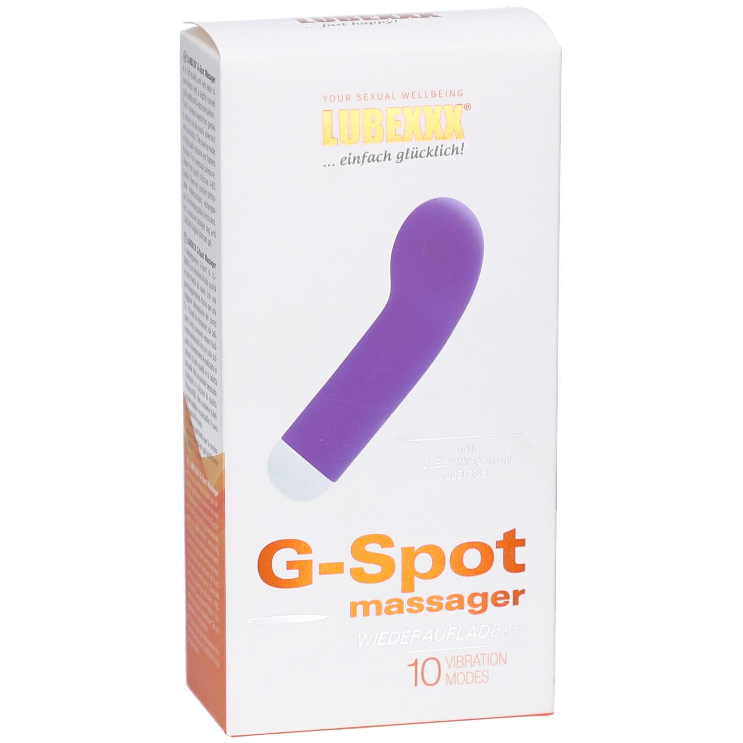 Verpackung mit lila G-Punkt-Massagegerät. Aufschrift: LUBEXXX, G-Spot massager, 10 Vibrationen.