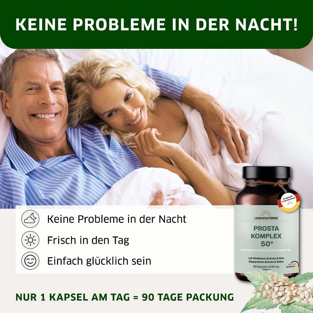 Paar im Bett, neben einer Flasche LEBENSSTÄRKE PROSTA KOMPLEX 50+. Text: Keine Probleme in der Nacht, Frisch in den Tag, Einfach glücklich sein.