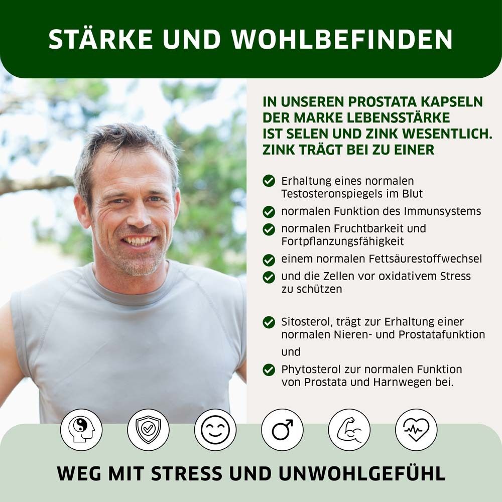 Mann im Sportoutfit. Text: LEBENSSTÄRKE PROSTA Kapseln enthalten Selen und Zink. Vorteile für die Gesundheit.
