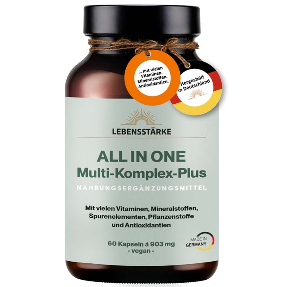 Braune Glasflasche mit LEBENSSTÄRKE ALL IN ONE Multi-Komplex-Plus. Etikett mit Produktinformationen und Zertifizierungen.