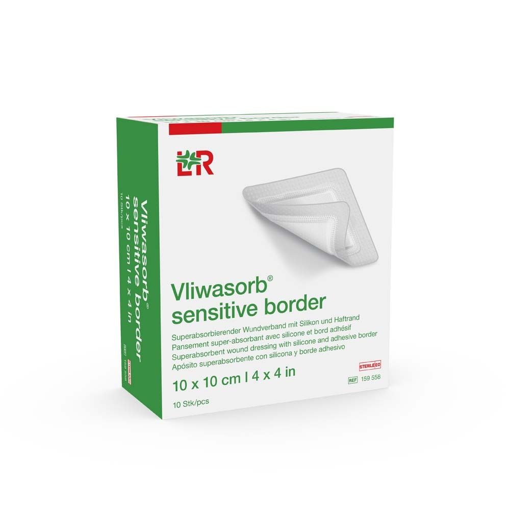 Verpackung von Vliwasorb sensitive border. 10 x 10 cm Wundverband mit Silikon und Haftrand. 10 Stück pro Packung.