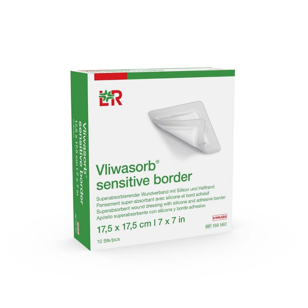 Verpackung von Vliwasorb sensitive border. Grün-weiße Schachtel mit Produktname und Größenangabe.