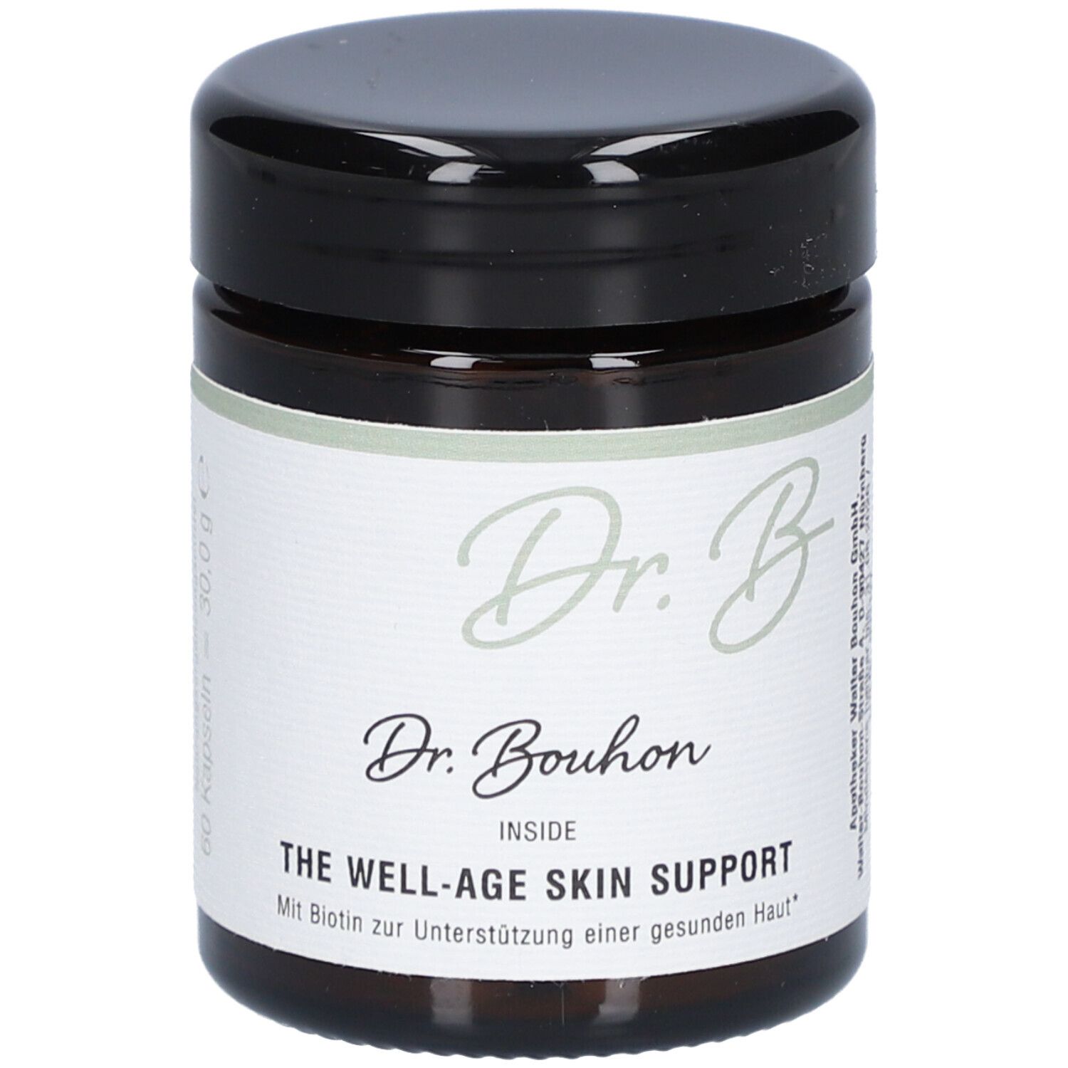 Braune Glasdose mit schwarzem Deckel. Aufschrift: Dr. Bouhon, THE WELL-AGE SKIN SUPPORT.