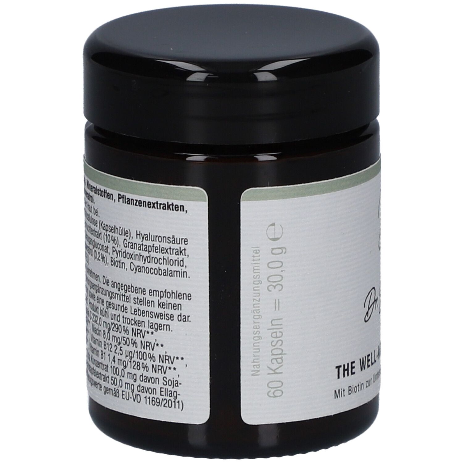 Braune Glasdose mit schwarzem Deckel. Aufschrift: Dr. Bouhon, THE WELL-AGE SKIN SUPPORT. 60 Kapseln.