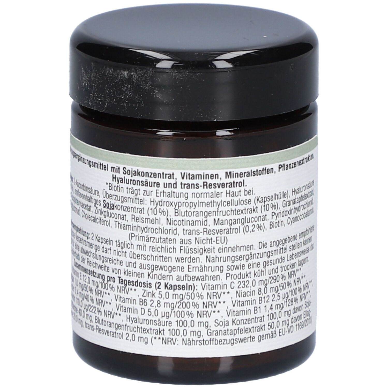 Braune Glasdose mit schwarzem Deckel. Aufschrift: Dr. Bouhon, THE WELL-AGE SKIN SUPPORT. Zutatenliste.