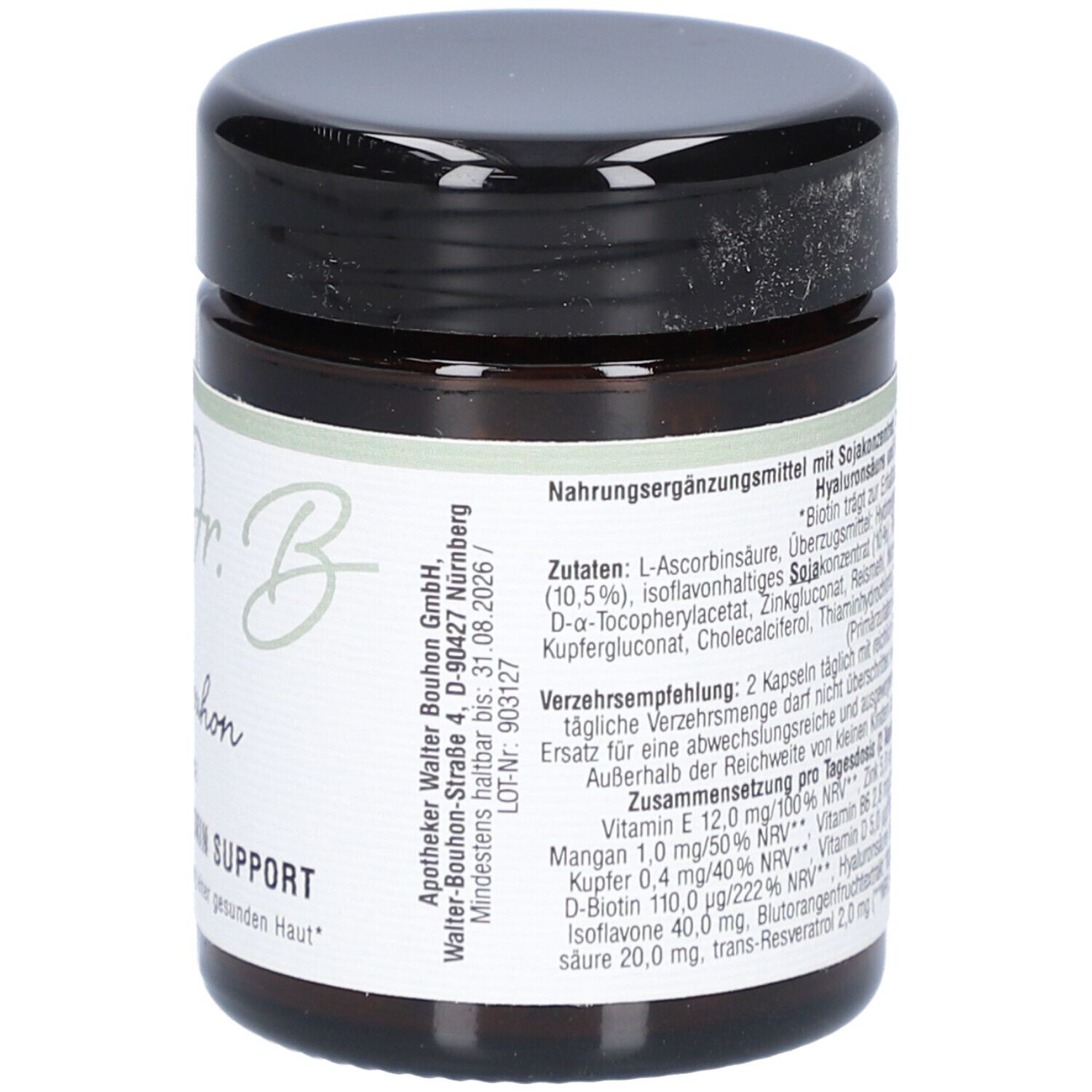 Braune Glasdose mit schwarzem Deckel. Aufschrift: Dr. Bouhon, THE WELL-AGE SKIN SUPPORT. Zutatenliste.