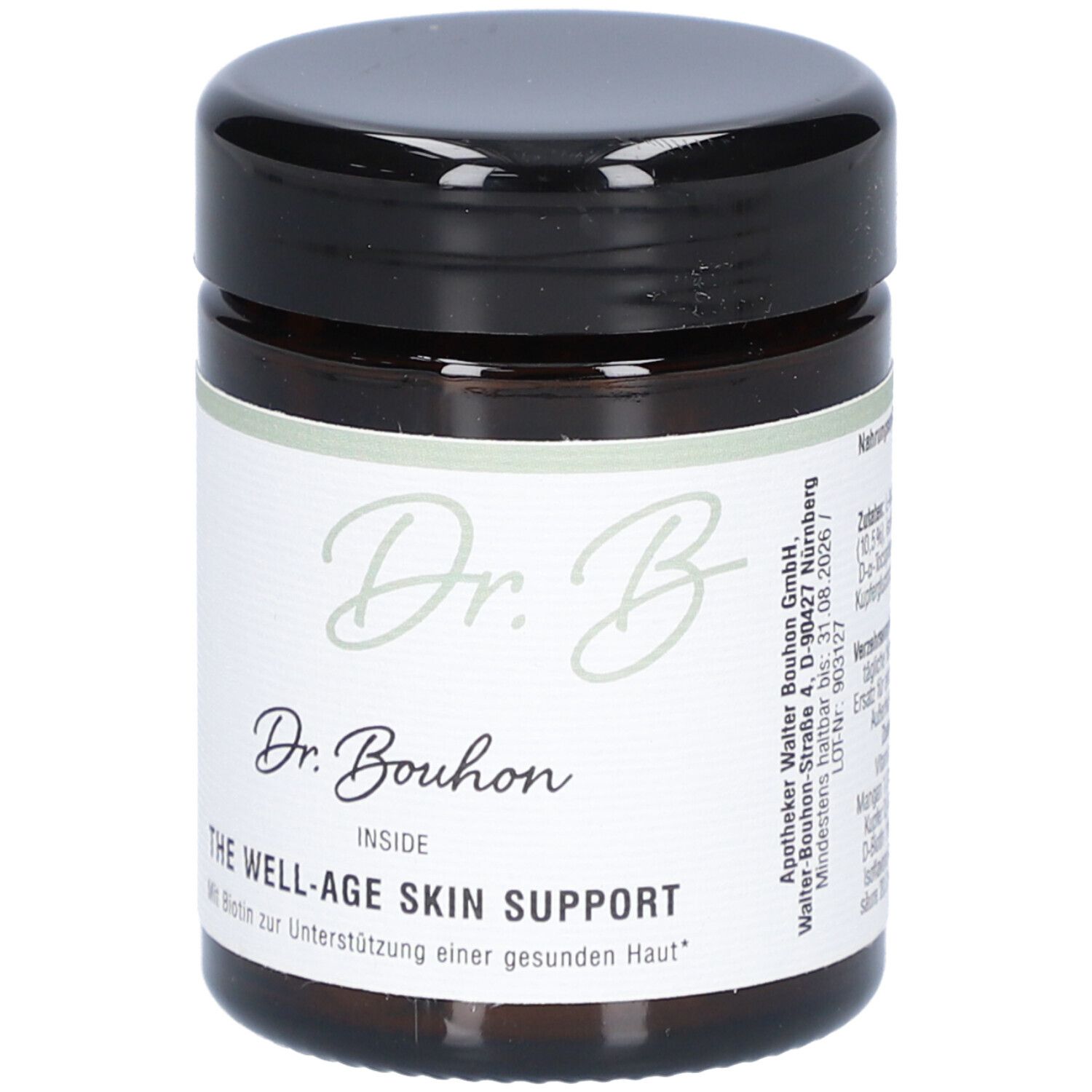 Braune Glasdose mit schwarzem Deckel. Aufschrift: Dr. Bouhon, THE WELL-AGE SKIN SUPPORT.