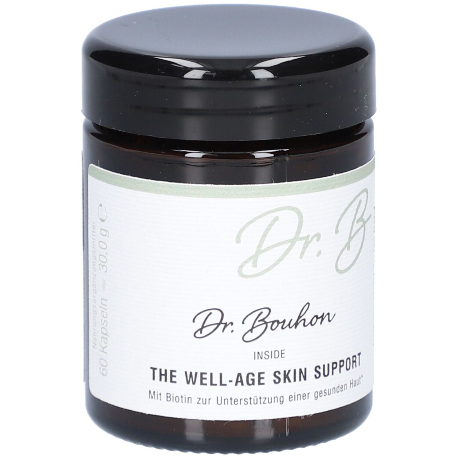 Braune Glasdose mit schwarzem Deckel. Aufschrift: Dr. Bouhon, THE WELL-AGE SKIN SUPPORT. 60 Kapseln.