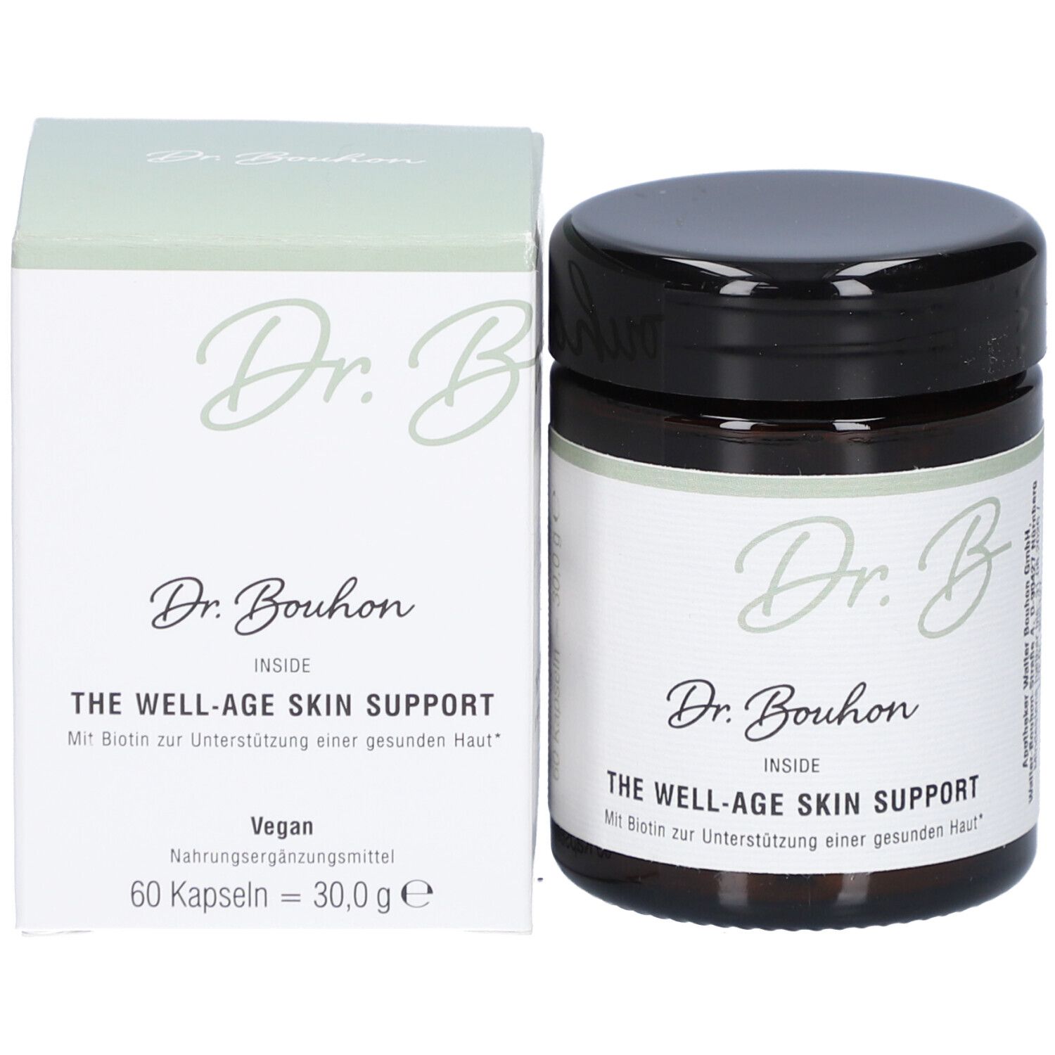 Produkt und Verpackung. Dose und Schachtel. Aufschrift: Dr. Bouhon, THE WELL-AGE SKIN SUPPORT. 60 Kapseln.