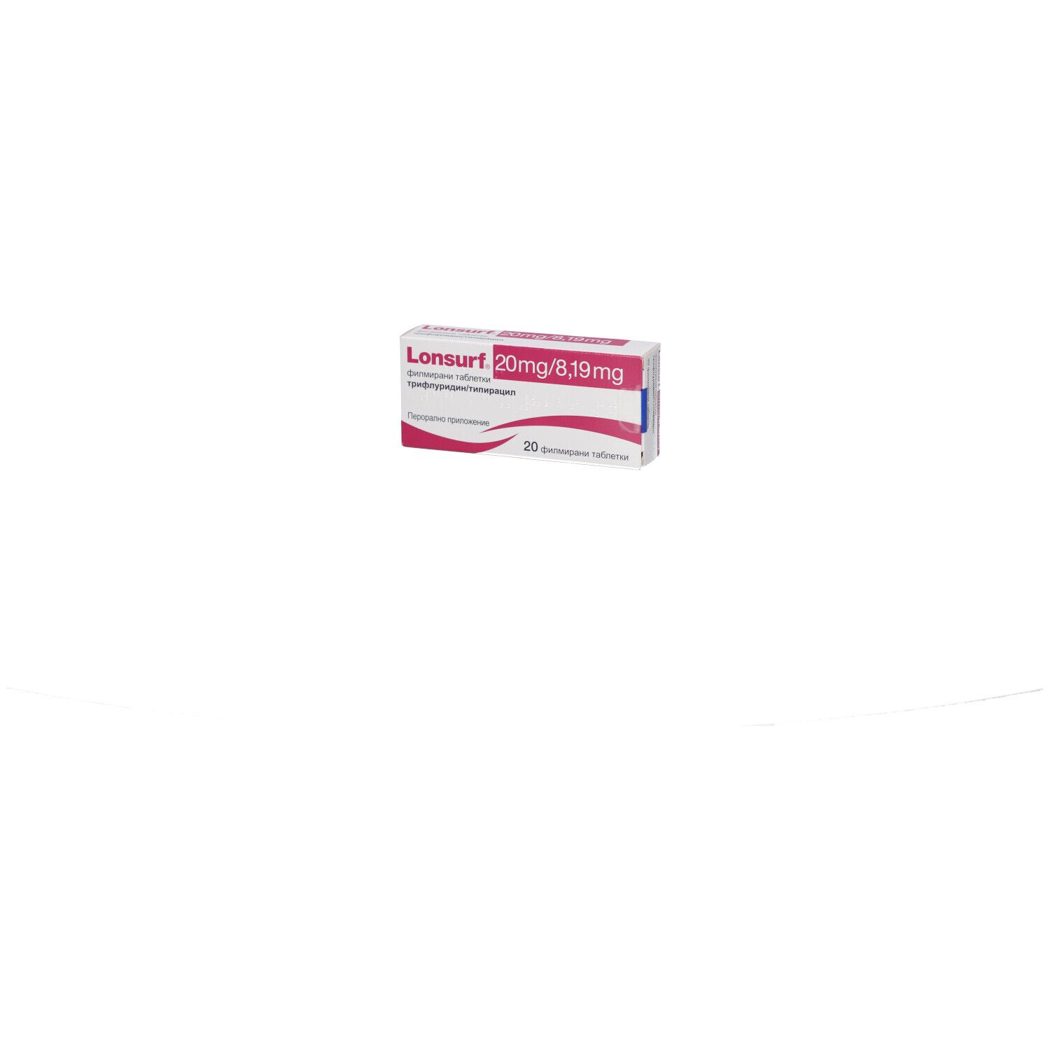 Schachtel mit Produktaufdruck. Aufschrift: Lonsurf 20 mg/8,19 mg. 20 Filmtabletten.