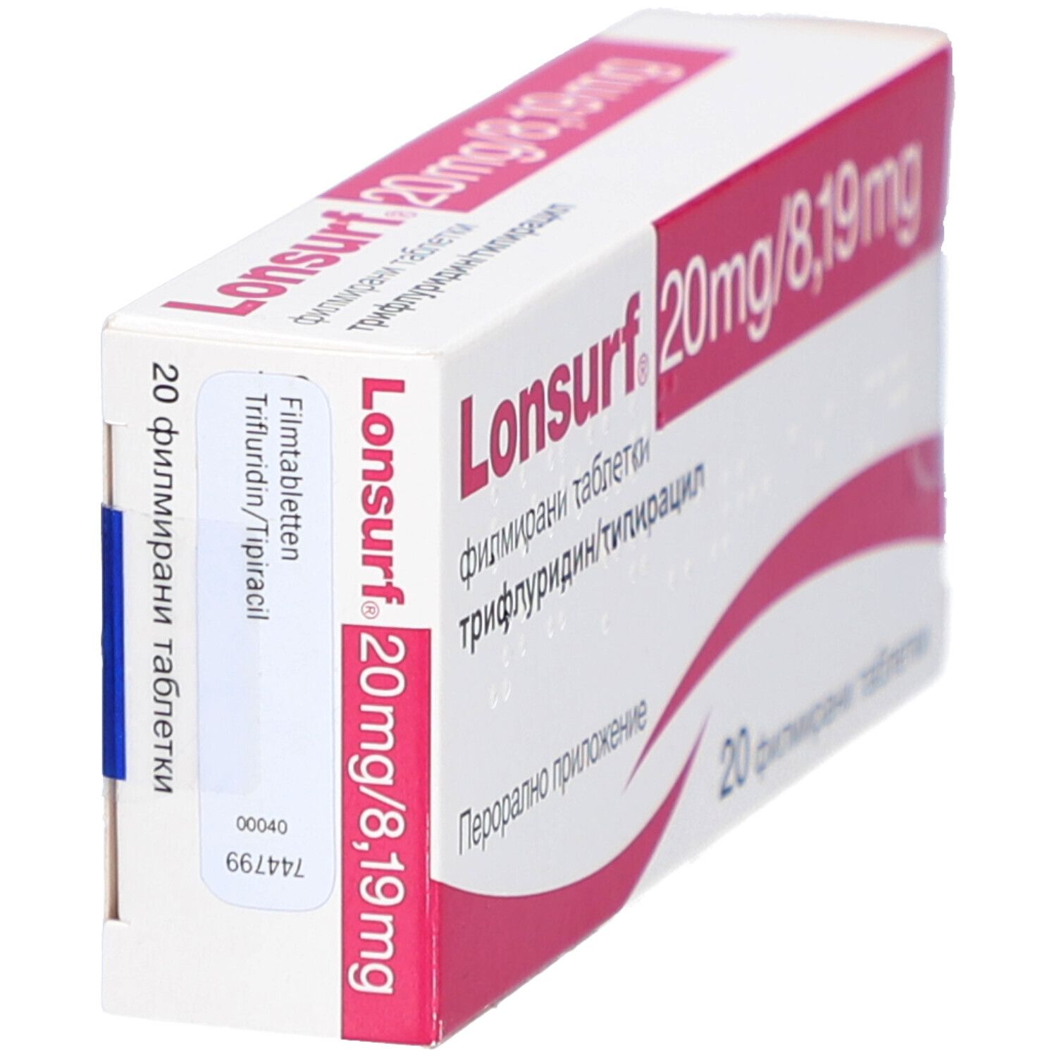 Schachtel mit Produktaufdruck. Aufschrift: Lonsurf 20 mg/8,19 mg. 20 Filmtabletten. Detailansicht.