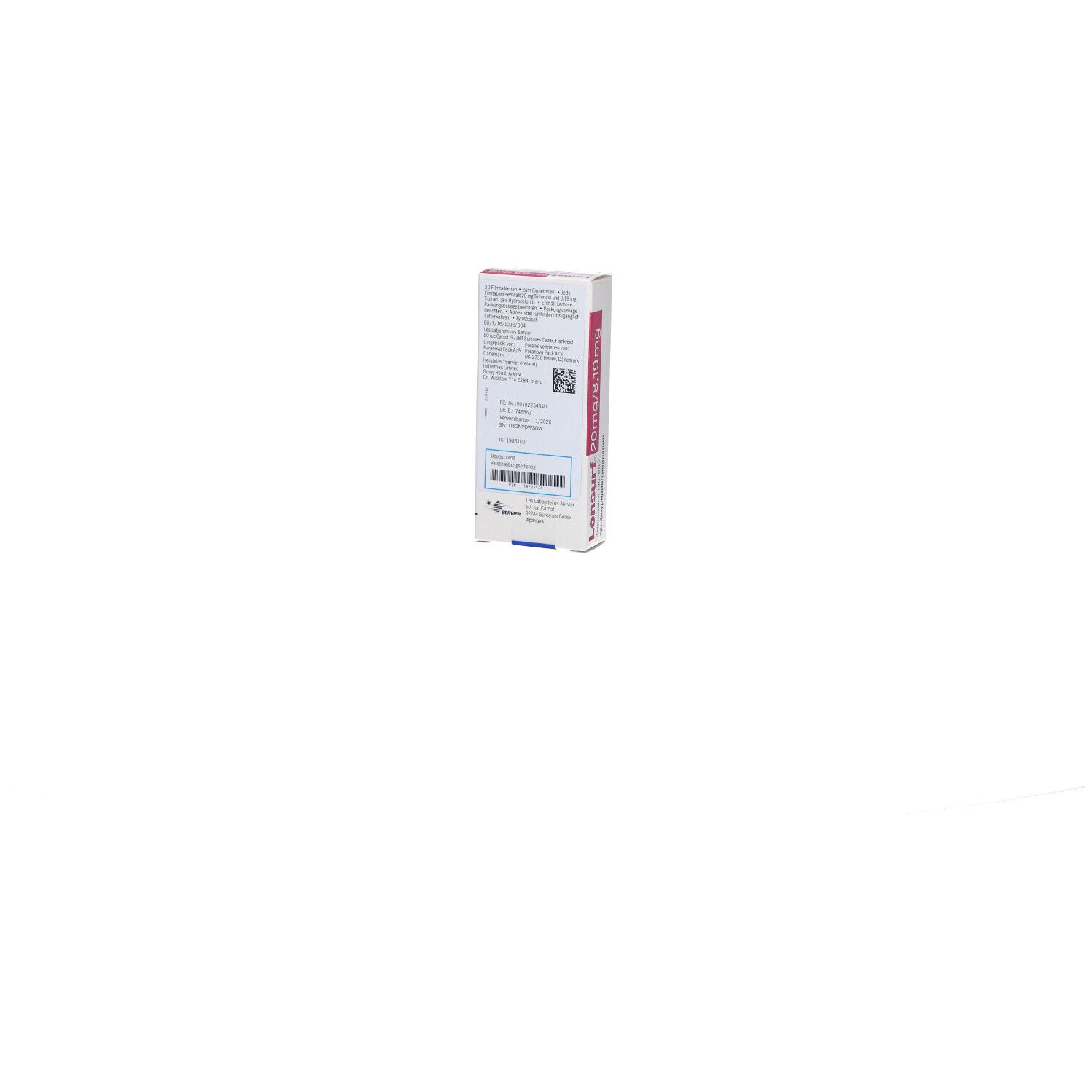 Schachtel mit Produktaufdruck. Aufschrift: Lonsurf 20 mg/8,19 mg. Rückansicht.