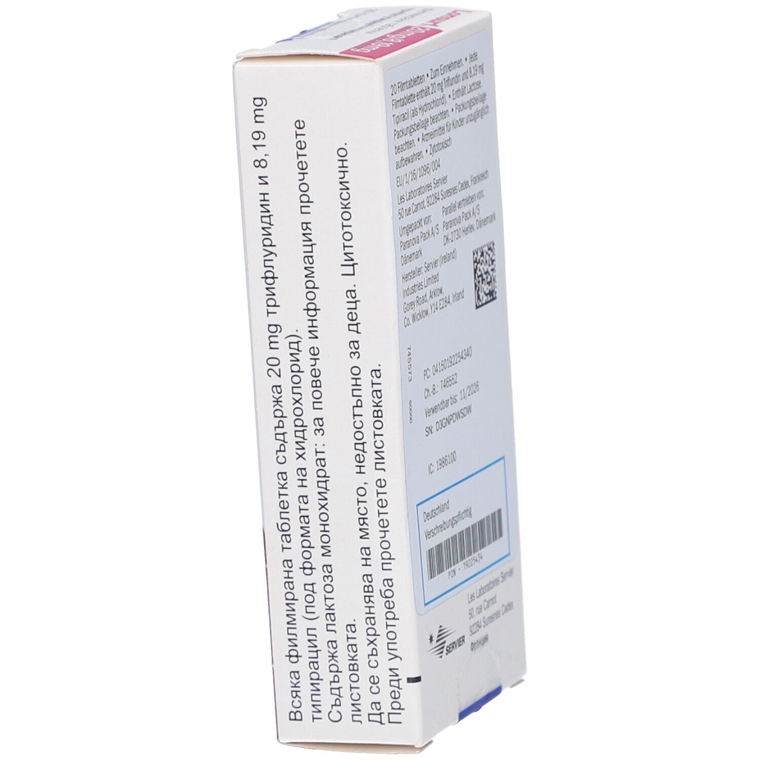 Schachtel mit Produktaufdruck. Aufschrift: Lonsurf 20 mg/8,19 mg. Seitenansicht.