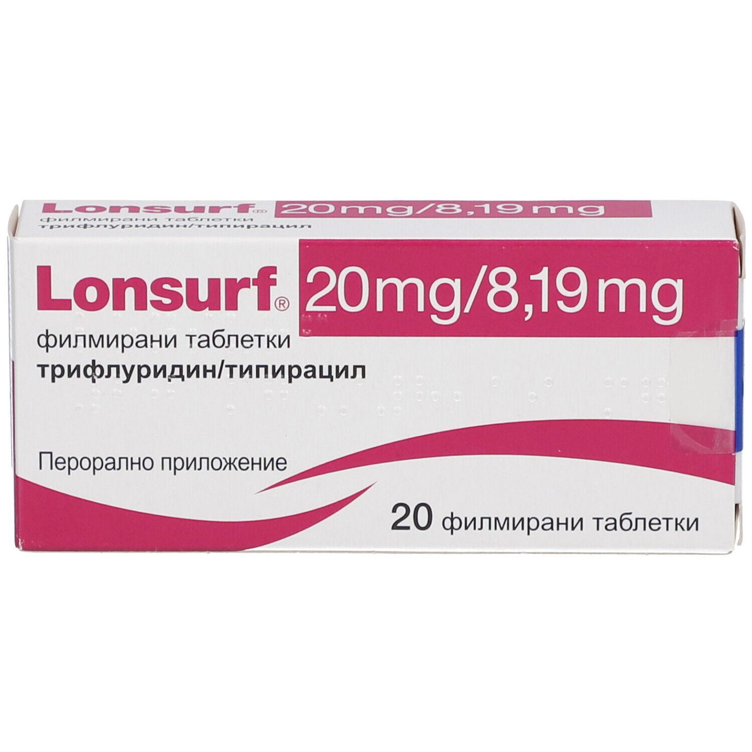 Schachtel mit Produktaufdruck. Aufschrift: Lonsurf 20 mg/8,19 mg. 20 Filmtabletten. Draufsicht.