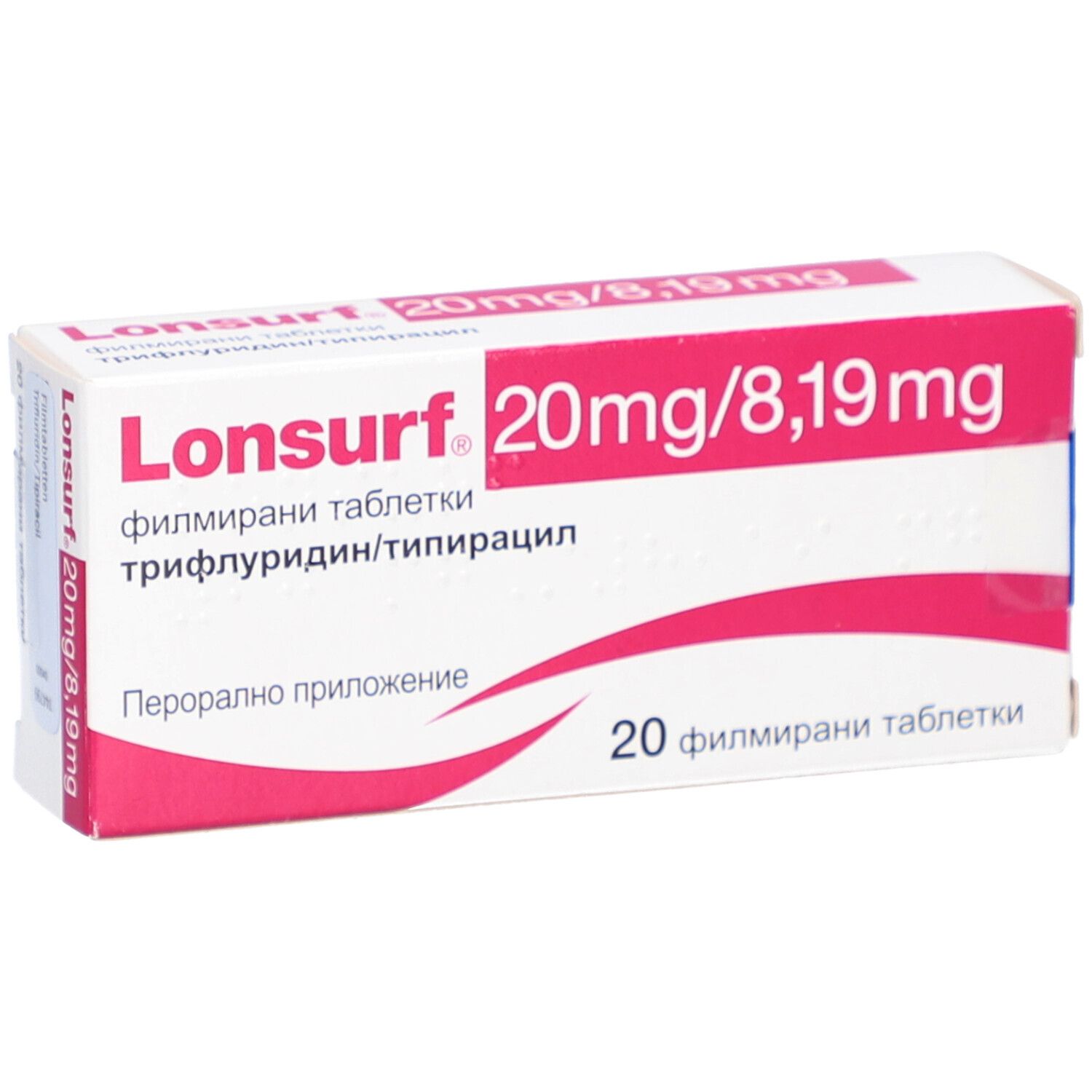 Schachtel mit Produktaufdruck. Aufschrift: Lonsurf 20 mg/8,19 mg. 20 Filmtabletten. Draufsicht.