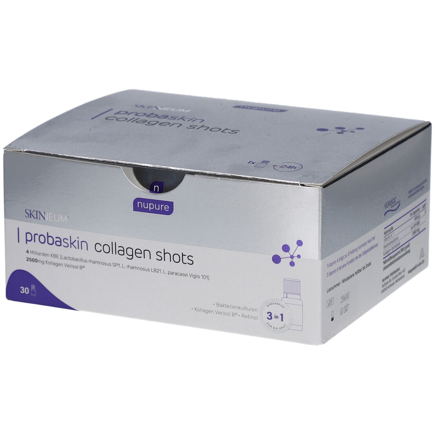 Schachtel mit "nupure probaskin collagen shots". Silberne Verpackung mit Produktinformationen und Logo.
