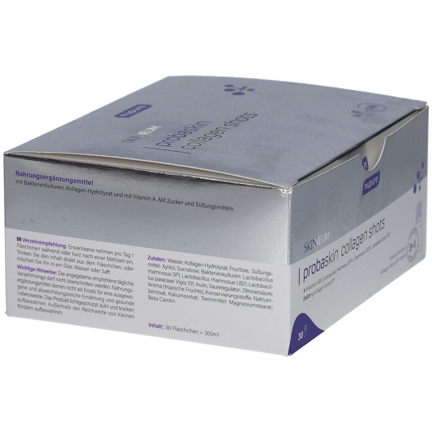 Rückseite der Schachtel mit Produktinformationen. Text in deutscher Sprache, Inhaltsstoffe und Nährwertangaben.