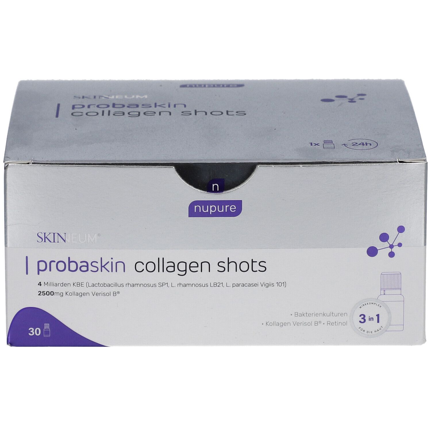 Schachtel mit "nupure probaskin collagen shots". 30 Shots, 4 Milliarden KBE, 2500mg Kollagen Verisol.