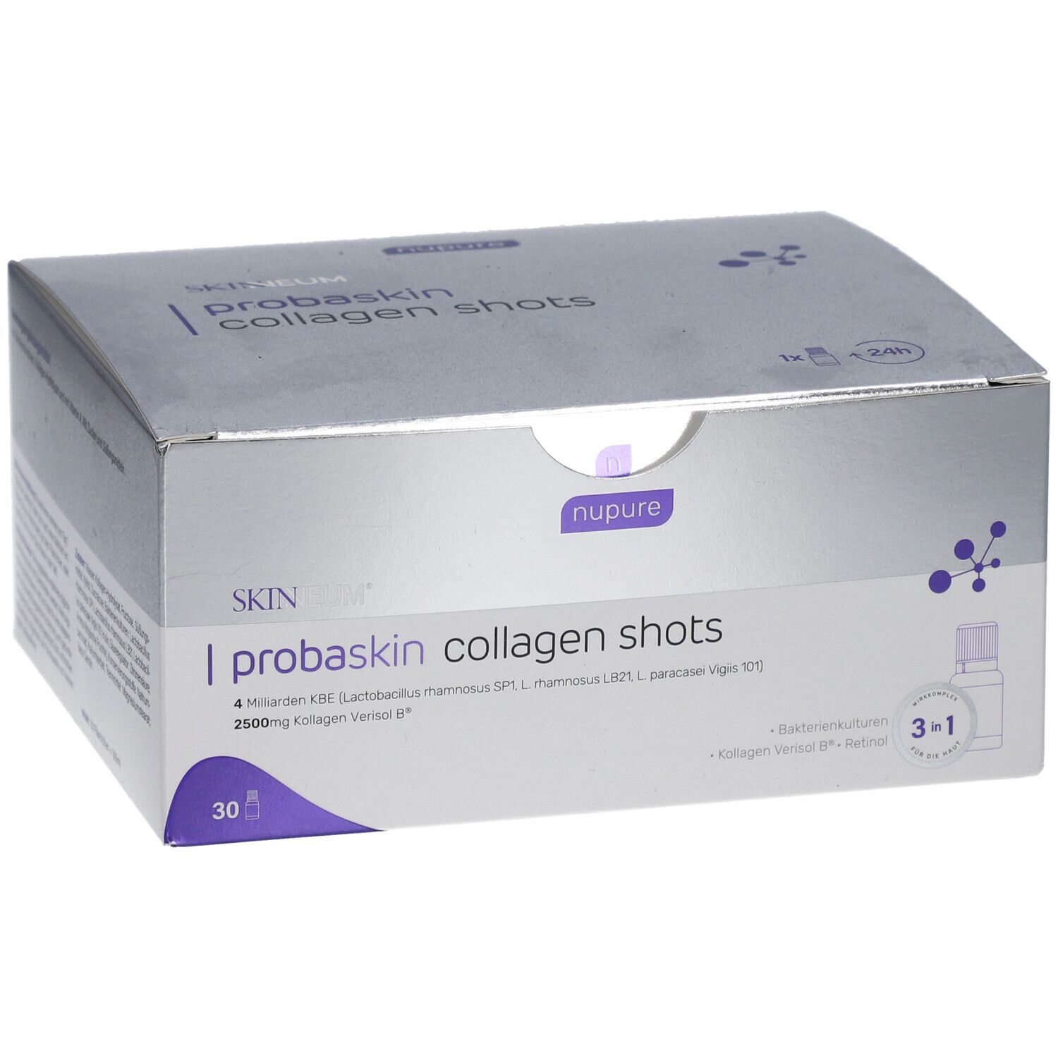 Schachtel mit "nupure probaskin collagen shots". 30 Shots, 4 Milliarden KBE, 2500mg Kollagen Verisol.