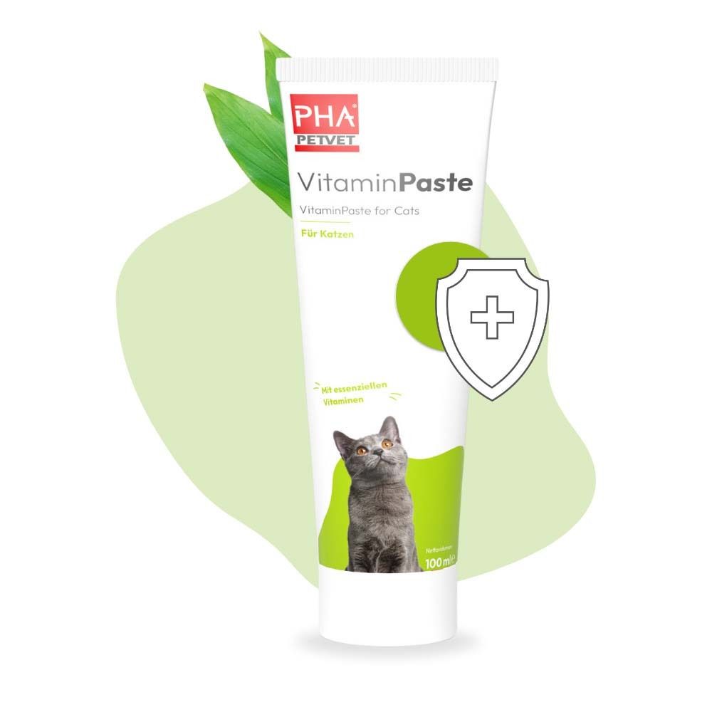 Weiße Tube mit Produktaufdruck. PHA PETVET VitaminPaste für Katzen. Katze und grüne Illustration. 100 ml.