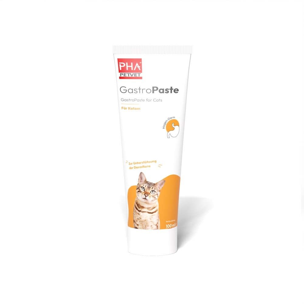 Weiße Tube mit PHA PetVet GastroPaste für Katzen. Orangefarbene Akzente. Katze abgebildet. Text: GastroPaste.