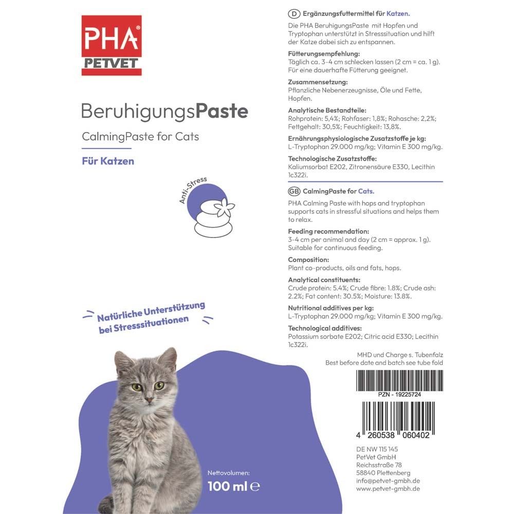 Rückseite der Tube mit Produktinformationen und Inhaltsstoffen. Text: BeruhigungsPaste, CalmingPaste for Cats. 100 ml.